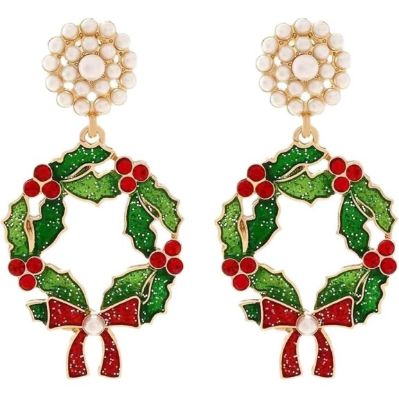Zephyriana 5.5 * 2.8cm Vintage Imitation Pearl Alloy Christmas Bow Flower Earrings