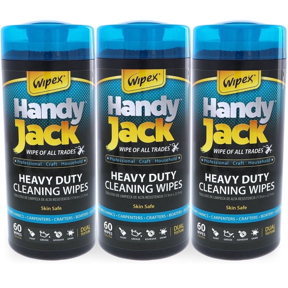 Wipex Handy Jack Heavy Duty Cleaning Wipes, Dual Texture Cleaner Cloth - Degreaser & Hand Wipe, 60ct Canister - 3pk