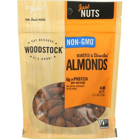Pack of 8, Woodstock Roasted and Unsalted Almonds, 7.5 oz
