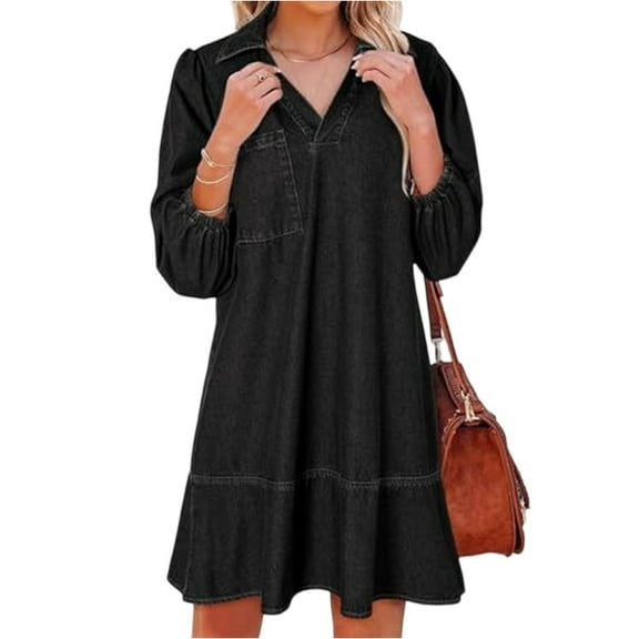 HAJWOH Denim Dress for Women Fashion Fall Casual Babydoll 2025 V Neck 3/4 Puff Sleeve Jean Dresses Black XXL