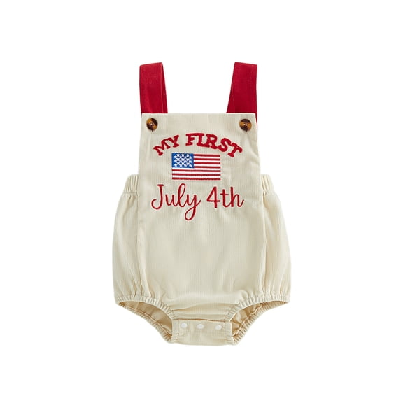 BemeyourBBs Newborn Baby Boy Girl My First 4th of July Outfit Patriot Independent Day Clothes Summer Bubble Romper Overalls Girls Boys Letters America Flag Embroidery Sleeveless Corduroy Jumpsuit