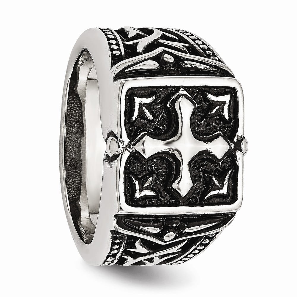 Stainless Steel Polished & Antiqued Cross Ring Size 10 Length Width