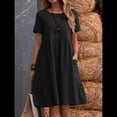 thumbnail image 4 of Vestido Camisero de y Algodón de Verano para Mujer, Informal, Holgado, con Cuello Redondo, Corta, Midi y Bolsillos Negro M, 4 of 7