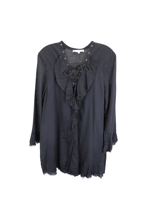 Pre-Owned Iro Mini Raw Edge Bell Sleeve V-Neck Dress in Black Cotton