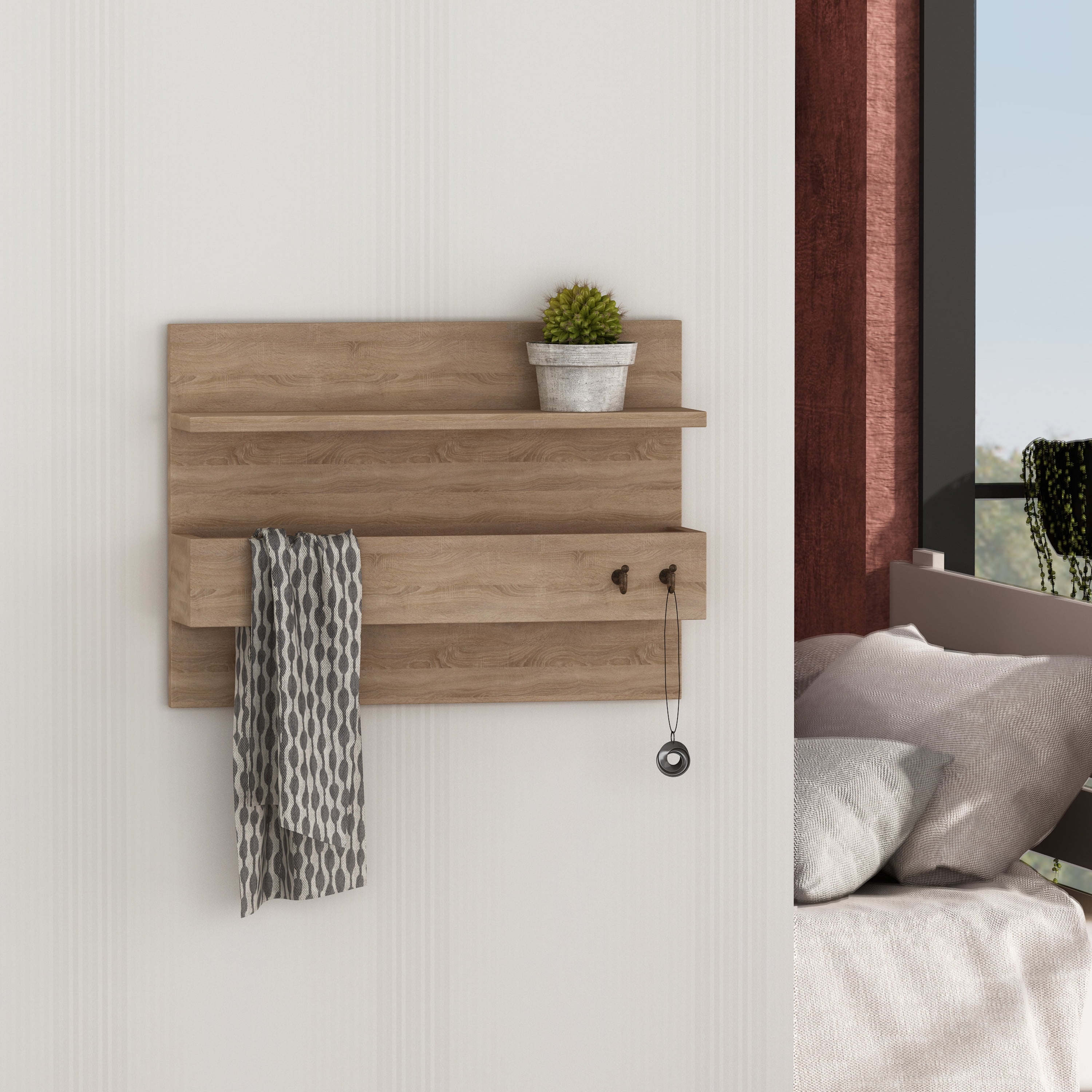 Ada Home Decor Furniture Hazel Oak Wall Coat Rack with Shelf