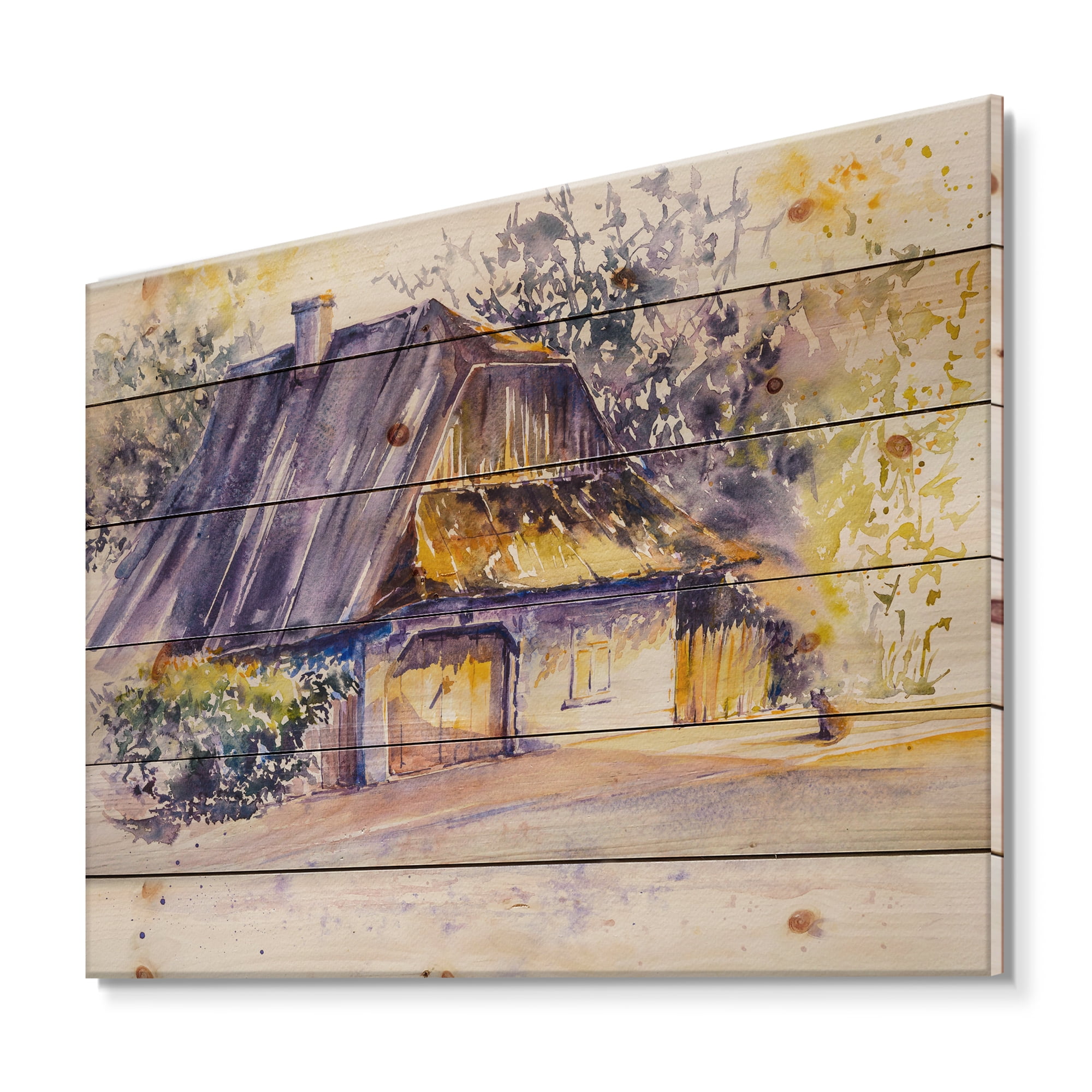 Designart 'Old Wooden White House In Country Side Village During Afternoon Glow' Traditional Print on Natural Pine Wood