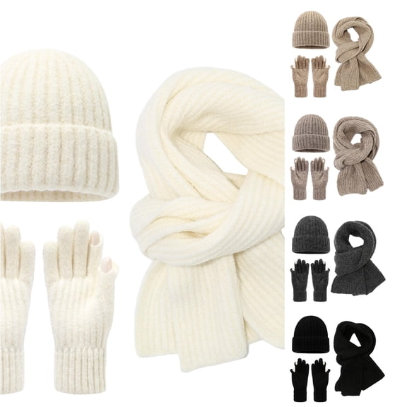 XIAOCHA Men's Rib‑ ed Beanie Solid Outdoor Travel Scarf Flip‑Tip Gloves Fall Winter Neckwear,White