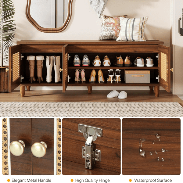 AsterOutdoor 3 Rattan Doors Shoe Storage Bench Engineered Wood, Holds 10 pairs