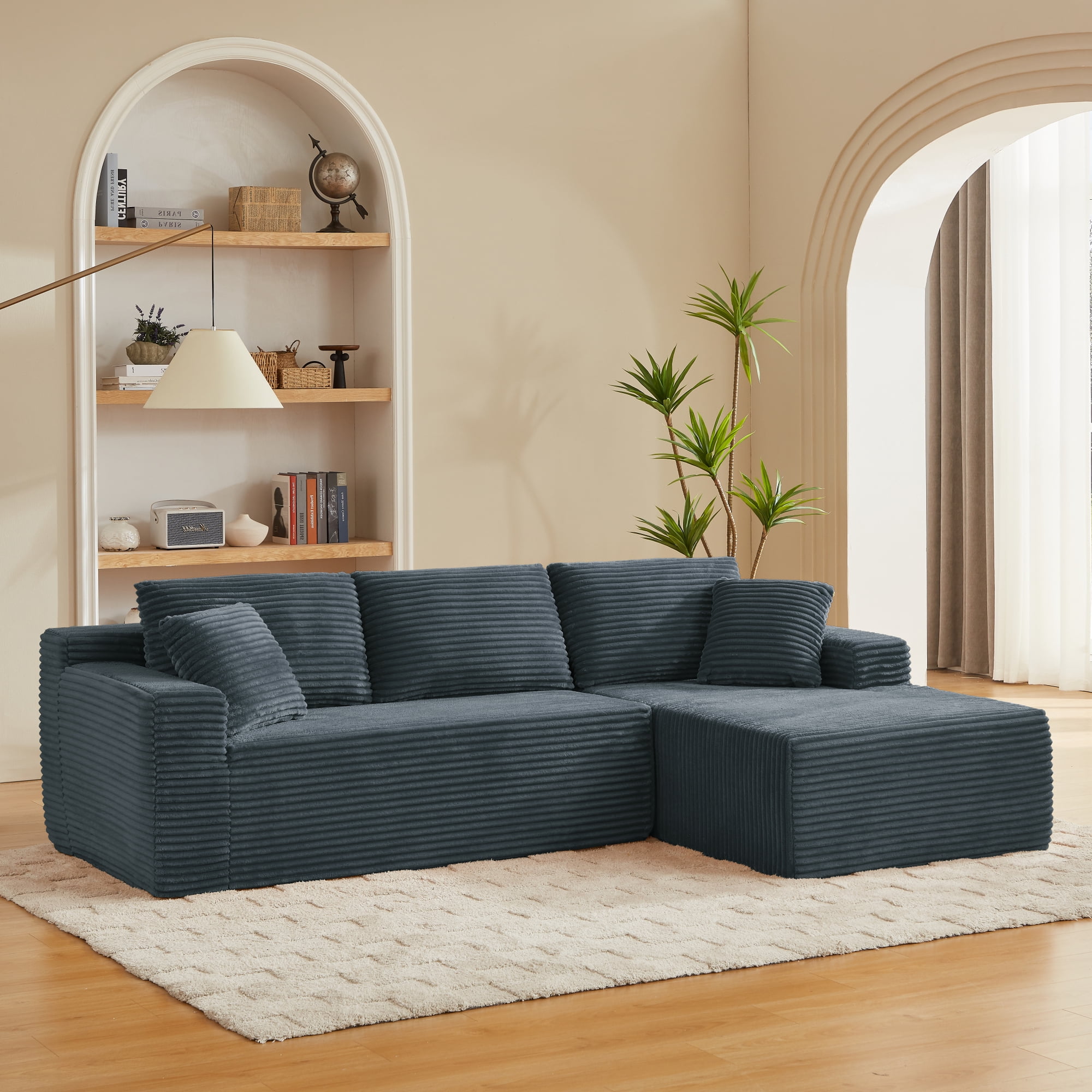 Leumius 96.9" L-Shaped Modular Sectional Sofa with Chaise,Cloud Sectional Couch with Deep Seat and Side Pockets,Comfy Corduroy Upholstered Boneless Couches for Living Room,No Assembly,Gray