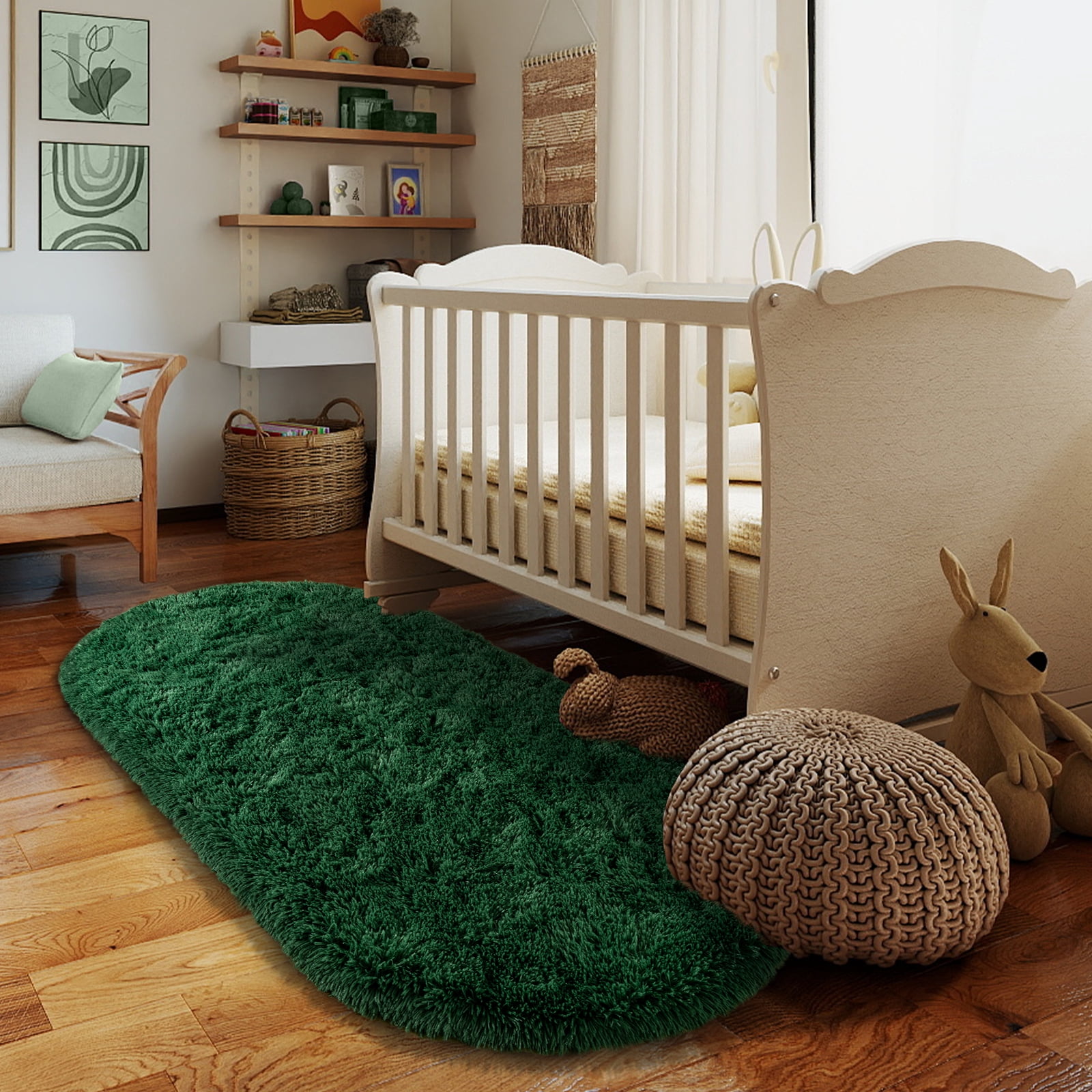 ZENELESS Oval Fluffy Rugs for Bedroom, Modern Plush Shaggy Carpet for Kids Bedside Girls/Boys and Kids Baby Room Home Decor, 2.6 x 5.3ft Dark Green