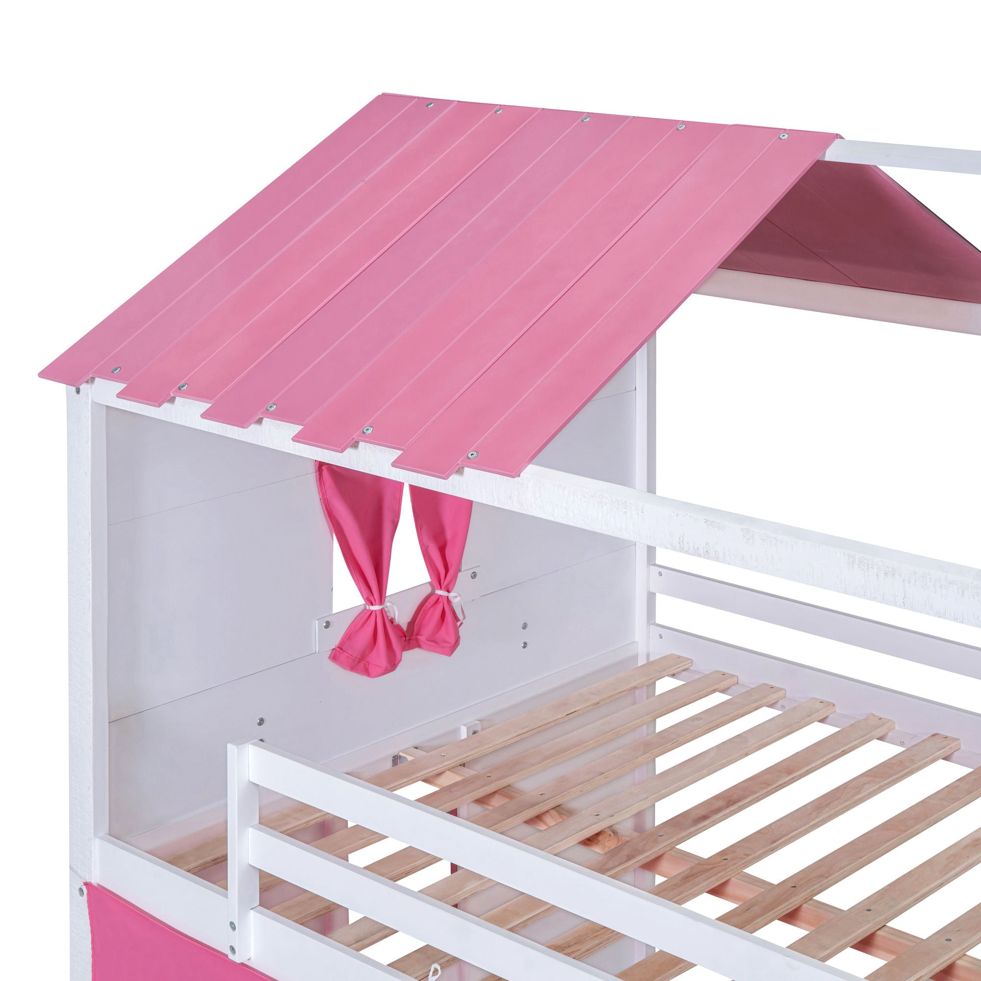 Aukfa Full over Full Bunk Bed with Tent and Roof, Wood Playhouse Bed for Kids, Pink