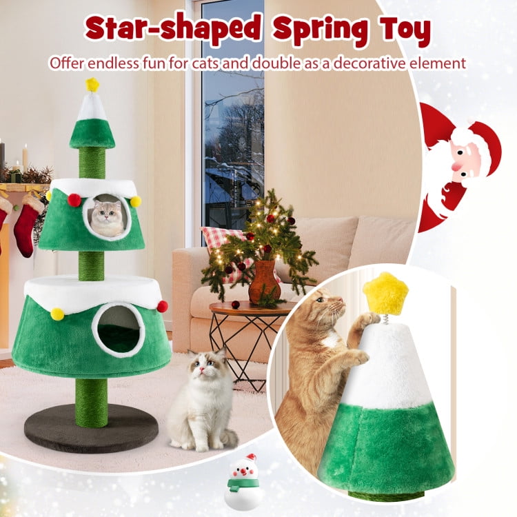 Pefilos 60" Tall Christmas Cat Tree Tower for Indoor Cats, Multi-Level Cute Holiday Cat Tree Play House with 2 Condos, Green