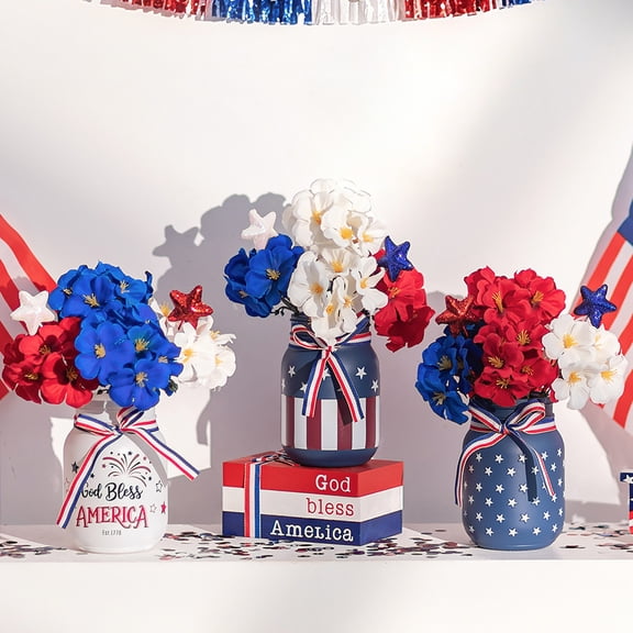 Glasseam Patriotic 3 Piece Mason Jar Centerpiece Set for 4th of July Decorations: Red White Blue Vase with Artificial Silk Flowers Star Ornaments Ribbon for Independence Day Memorial Day Table Decor