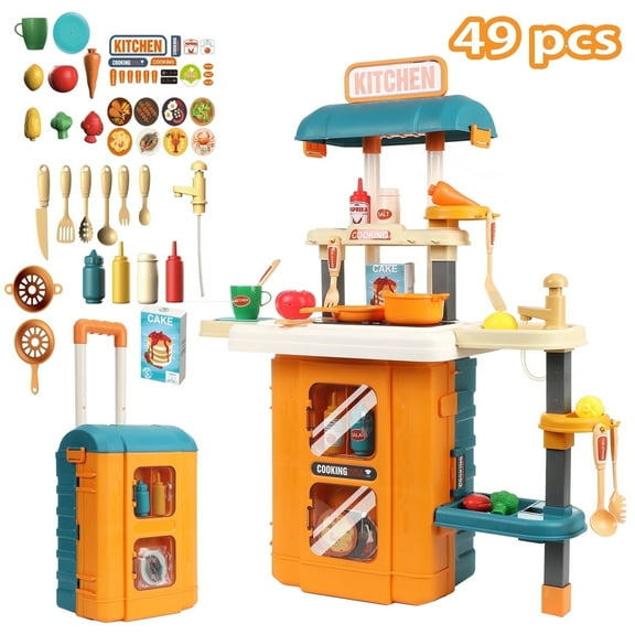 Anpro 28Inch Play Kitchen Set for Kids, 49PCS Pretend Toddler Kitchen Playset with Sounds & Lights, Toy Kitchen Cooking Set, Best Learning Toy Gifts for Toddlers Boys Girls, Yellow
