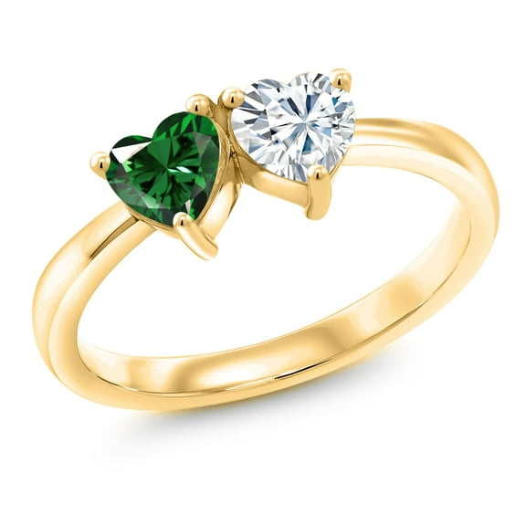 Gem Stone King 18K Yellow Gold Plated Silver Fashion Right-Hand Ring Heart Shape Green Nano Emerald and Moissanite (0.92 Cttw, Size 9)