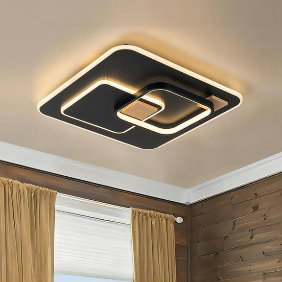 Open Box RRTYO Fairley 19.2 in. Modern Farmhouse Black Wood Square Ceiling Light Dimmable Integrated LED 3000K Flush Mount for Bedroom