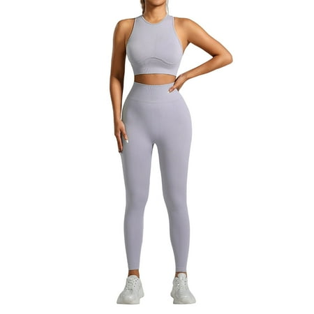 XDDLITP Womens Seamless Workout Sets 2 Piece Padded Racerback Ribbed Sports Bra Matching High Waist Biker Leggings Gym Work Out Outfits Clothes Gray S