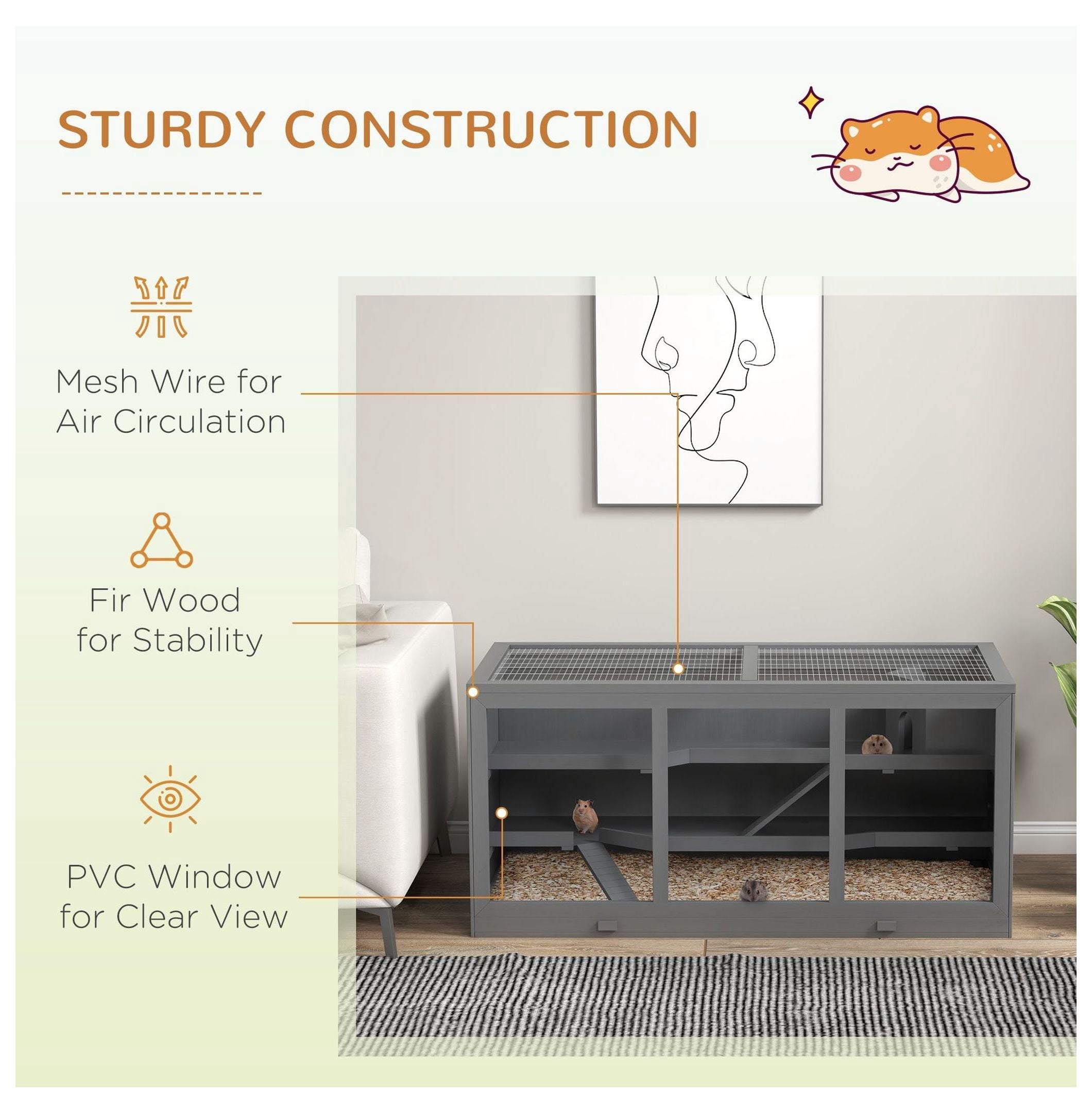 3-Tier Hamster Cage, Hinged Roof, Waterproof Tray, Space-Efficient Design for Small Pets, Gray