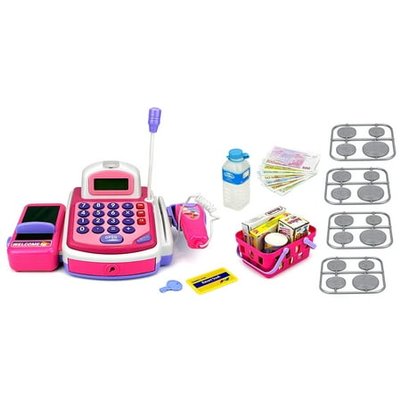 KX My First Cash Register Pretend Play Battery Operated Toy Cash Register w/ Working Scanning Action, Calculator, Money and Credit Card,