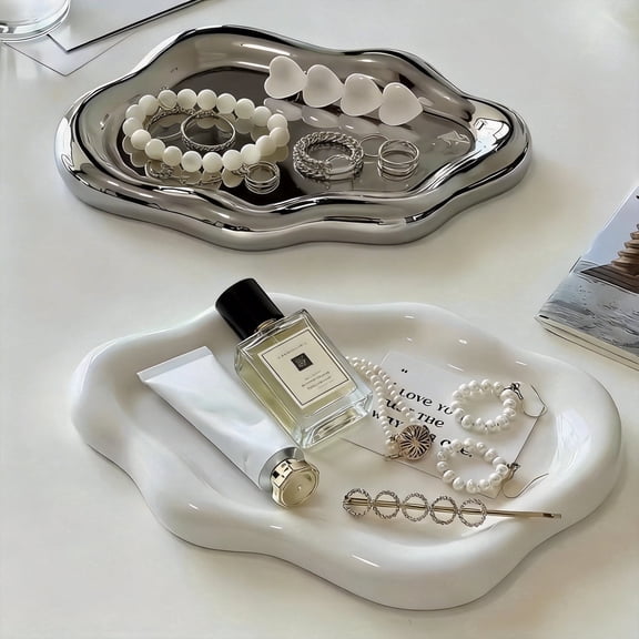 2 Pack Cloud Jewelry Tray - High-Gloss Decorative Ring Holder & Earring Dish, Lightweight Trinket Organizer for Necklaces & Bracelets, Modern Aesthetic Vanity Decor for Women & Girls (Silver / White)