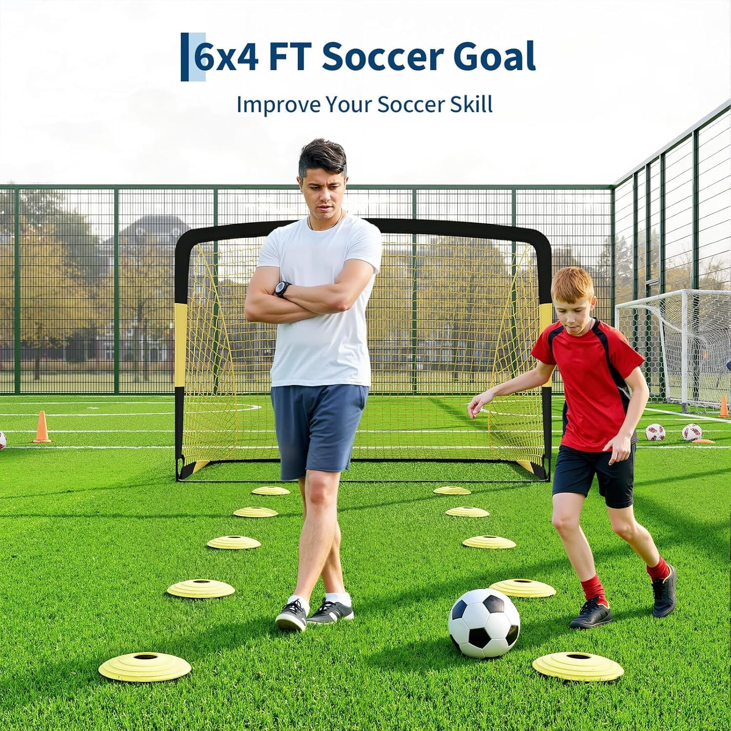 BouPower 7x5Ft / 6x4Ft / 12x6Ft Portable Soccer Goal Net, 3-in-1 Rebounder Football Training Goal with Fiberglass & Painted Steel Frame for Backyard Outdoor Practice All Ages