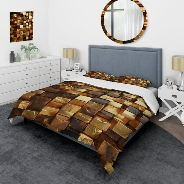 Designart "Abstract Cubes in Black and Gold II" Abstract Geometric Bedding Covert Set - Abstract Gold Modern Bed Set With 2 Shams