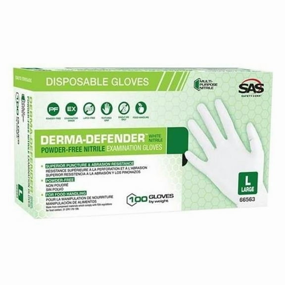 SAS Safety SA66564 White Nitrile Derma -Defender Powder-Free Disposable Glove, Extra Large - 100 Per Box