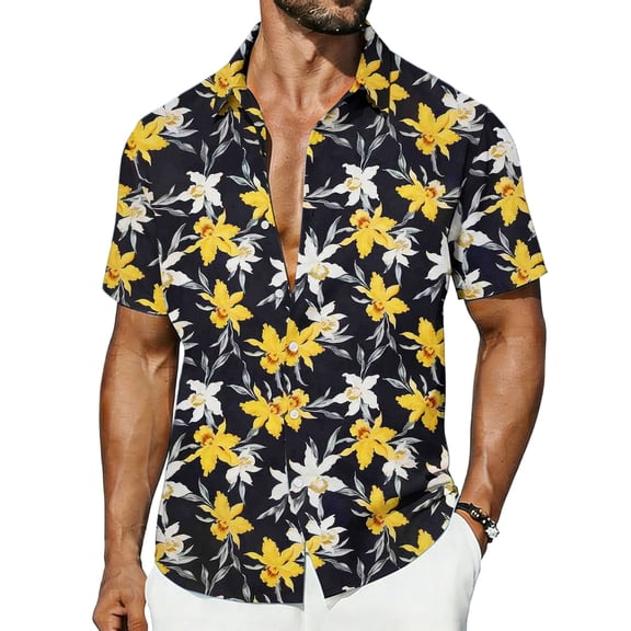 OGLCCG Hawaiian Shirt for Men Short Sleeve Floral Button Down Tops Summer Tropical Holiday Beach T Shirts,XXL,Yellow