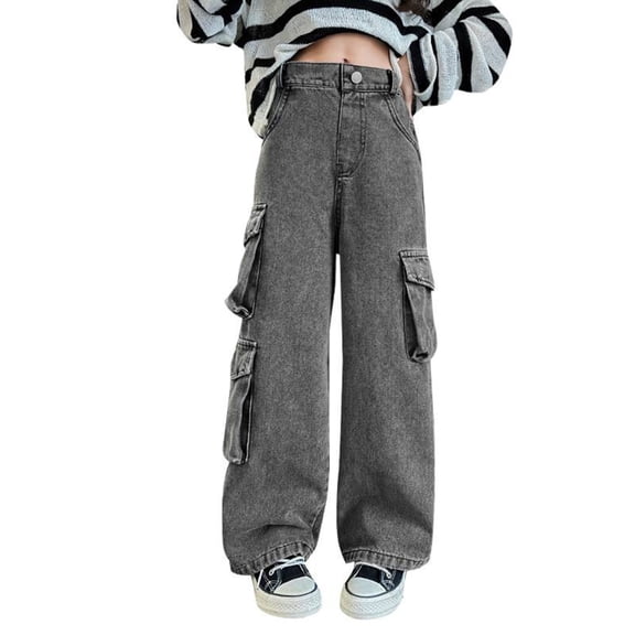 CPNG Girls Baggy Cargo Jeans Y2K Kids Straight Wide Leg Loose Casual Cargo Denim Trousers with Multi-Pocket(Dark Gray,13-14 Years)