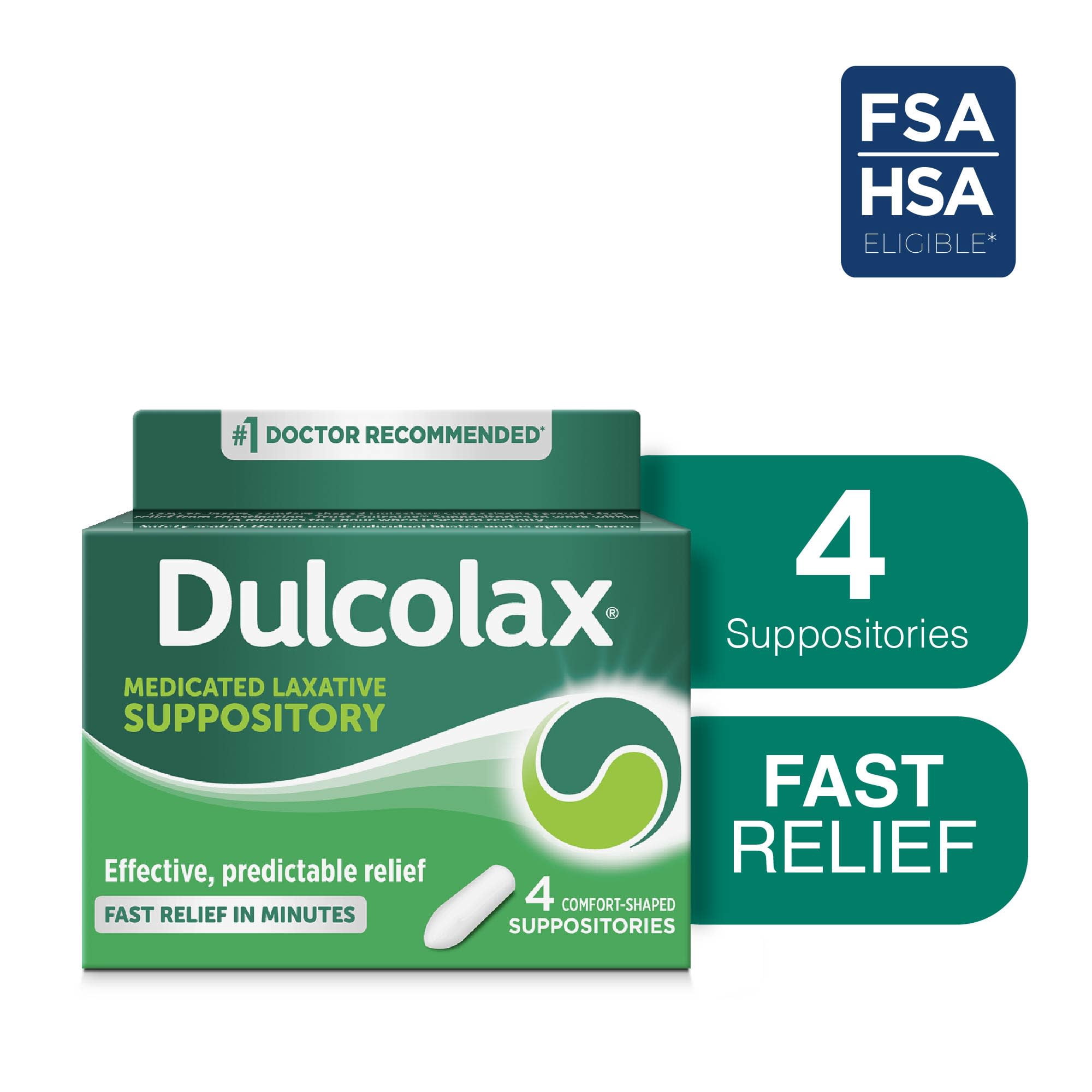 Dulcolax Stimulant Laxative Medicated Suppositories, Predictable & Effective Constipation Relief, Bisacodyl 10 mg, 4 Count