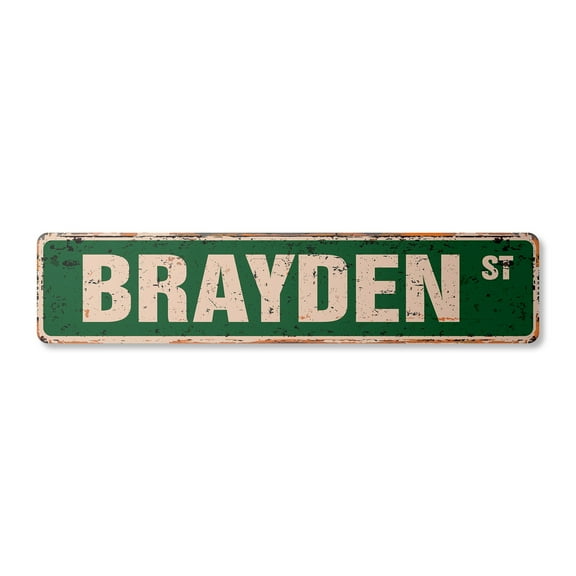 BRAYDEN Vintage Aluminum Street Sign Childrens Name Room Metal Sign rustic metal tin | Indoor/Outdoor | 18" Wide