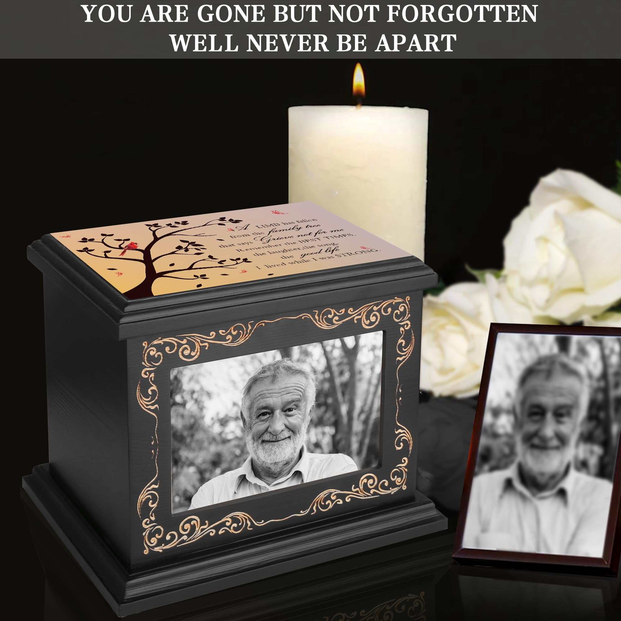 Funeral Urn for Human Ashes, Personalized Wooden Cremation Urn with Photo Frame, Large Capacity 200 Cubic Inches, Memorial Urn for Adults, Black