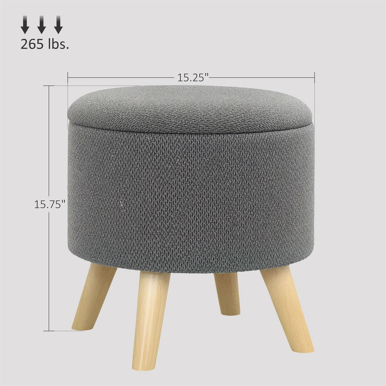 Demi Bonn 15" Round Ottoman Stool with Storage, Linen Upholstered Foot Stool with Padded Seat, Hidden Space and Wood Legs for Living Room, Bedroom, Gray