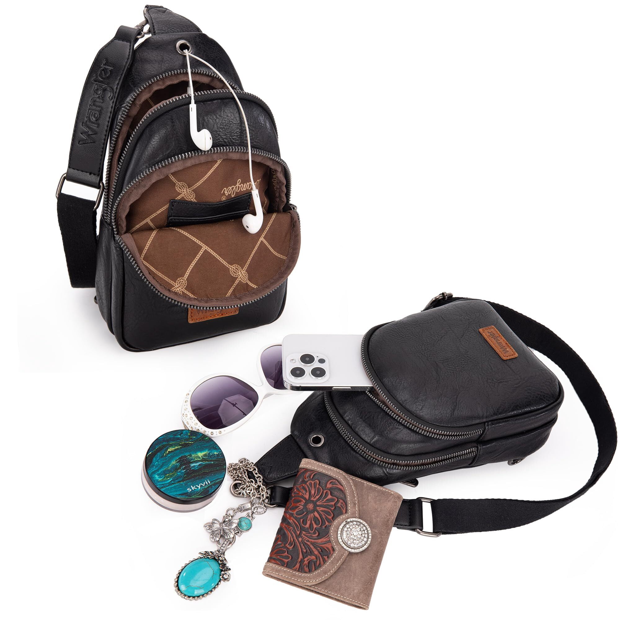 Wrangler Small Crossbody Sling Bags for Women Fanny Packs Chest Bag for Travel Gift, Black