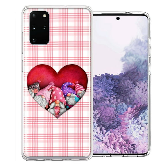 MUNDAZE for Samsung Galaxy S20 Valentine's Day Garden Gnomes Heart Love Pink Plaid Double Layer Phone Case Cover