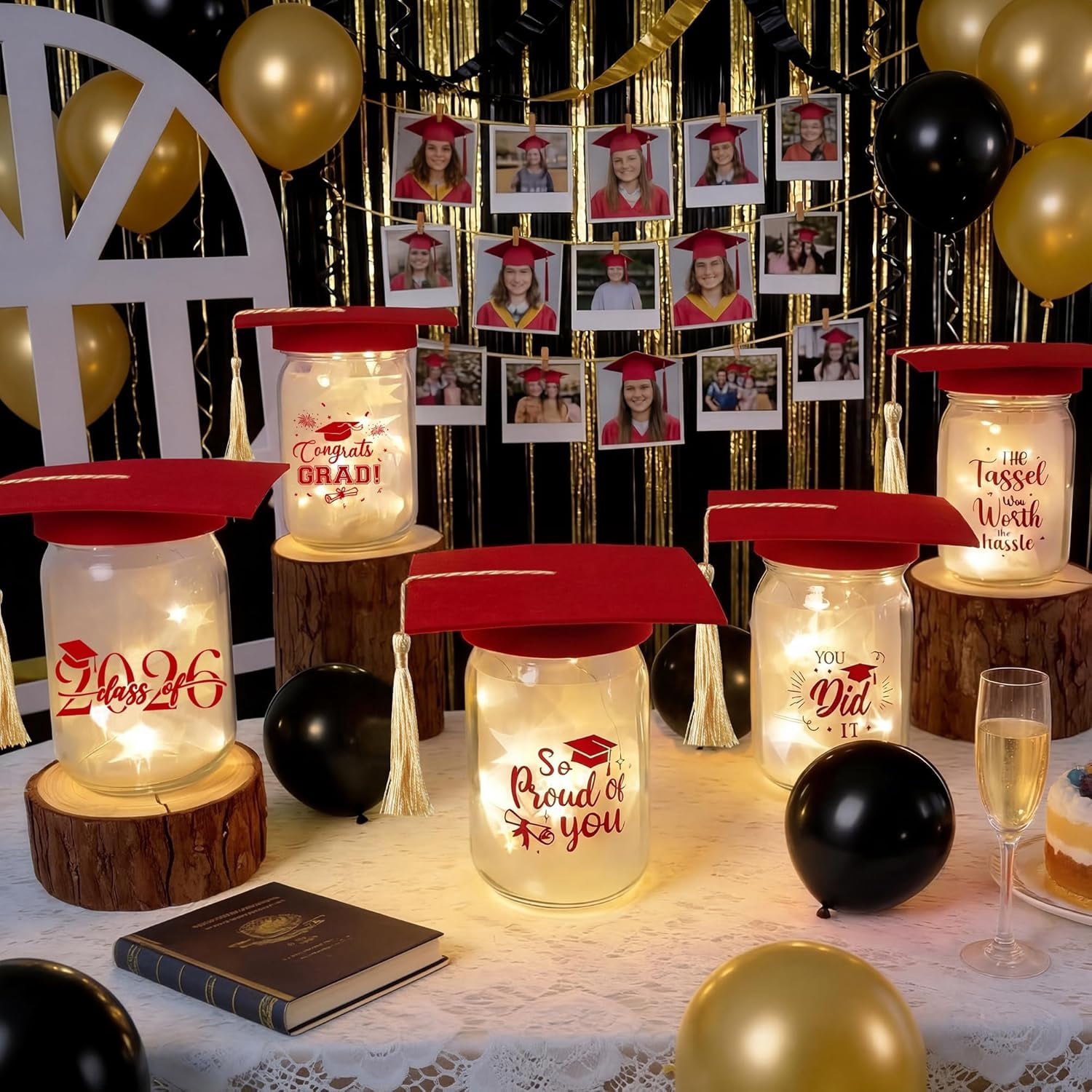 6 Sets 2026 Graduation Centerpieces for Tables, Glowing Mason Jar Centerpieces with Graduation Caps, Glowing Money Jars for College High School Congrats Grad Party Decor Supplies