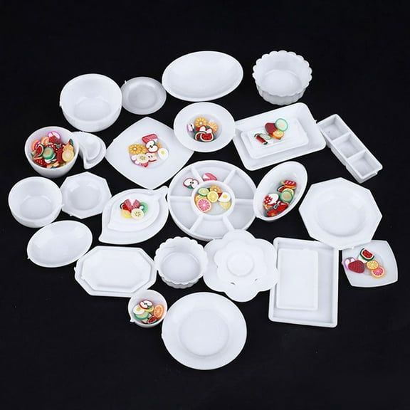SPRING PARK 33Pcs 1:12 Dollhouse Miniature Kitchen Tableware Plastic Mini Plate Dishes Set