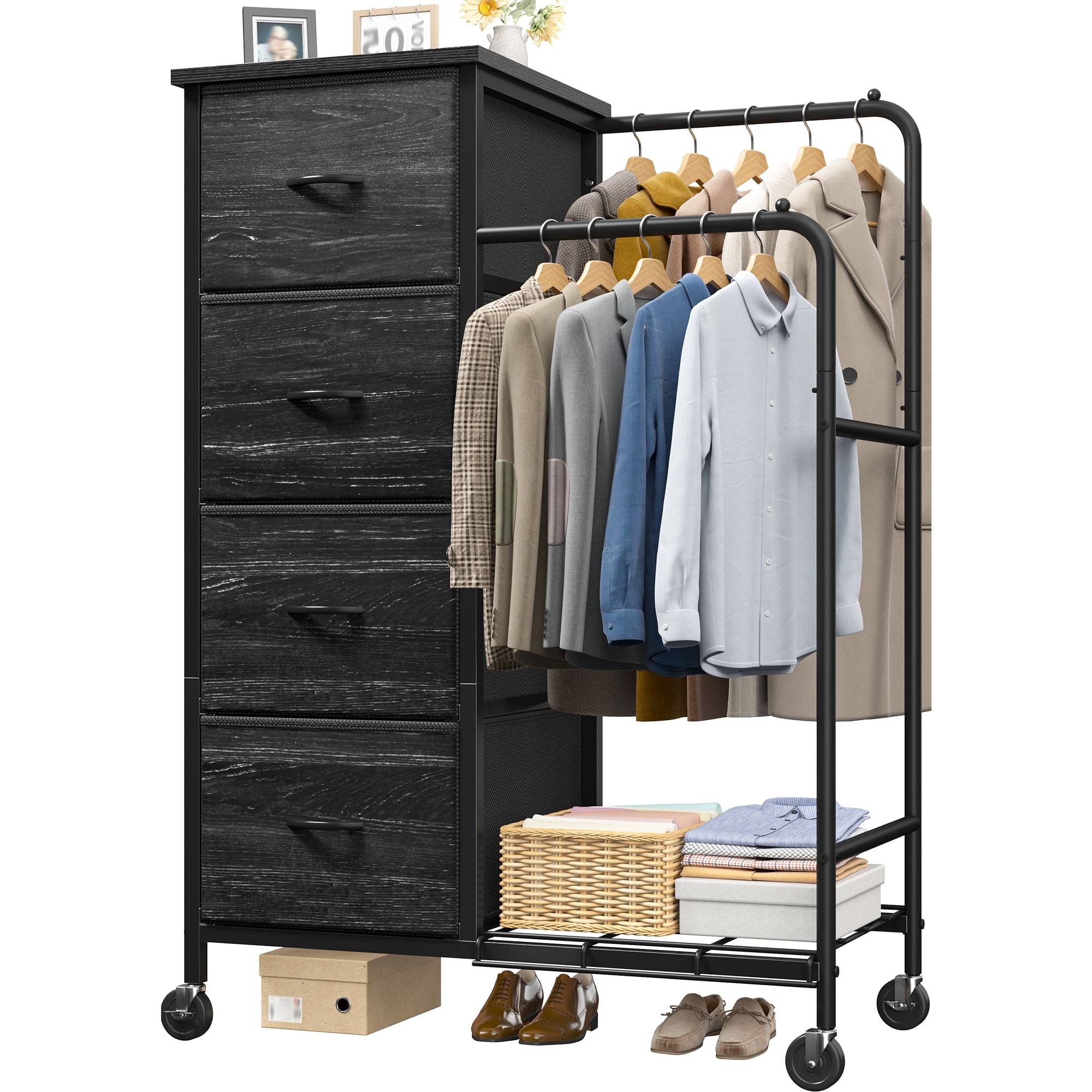 EnHomee Fabric Dresser with 2 Hanging Racks Small Dresser with 4 Drawers for bedroom Small Closet with Clothes Rack, Black