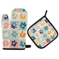 Yayeee Oven Mitts and Pot Holder Set of 4 Heat Resistant Kitchen Gloves Baking Hot Pad, Green Floral