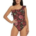 thumbnail image 2 of Picia Rose Flowers Pattern Women's One Piece Swimsuits,One Shoulder Swimwear Asymmetric ,Ruffle Monokinis Bathing Suits,High Waisted Flattering Bathing Suits-Small, 2 of 8