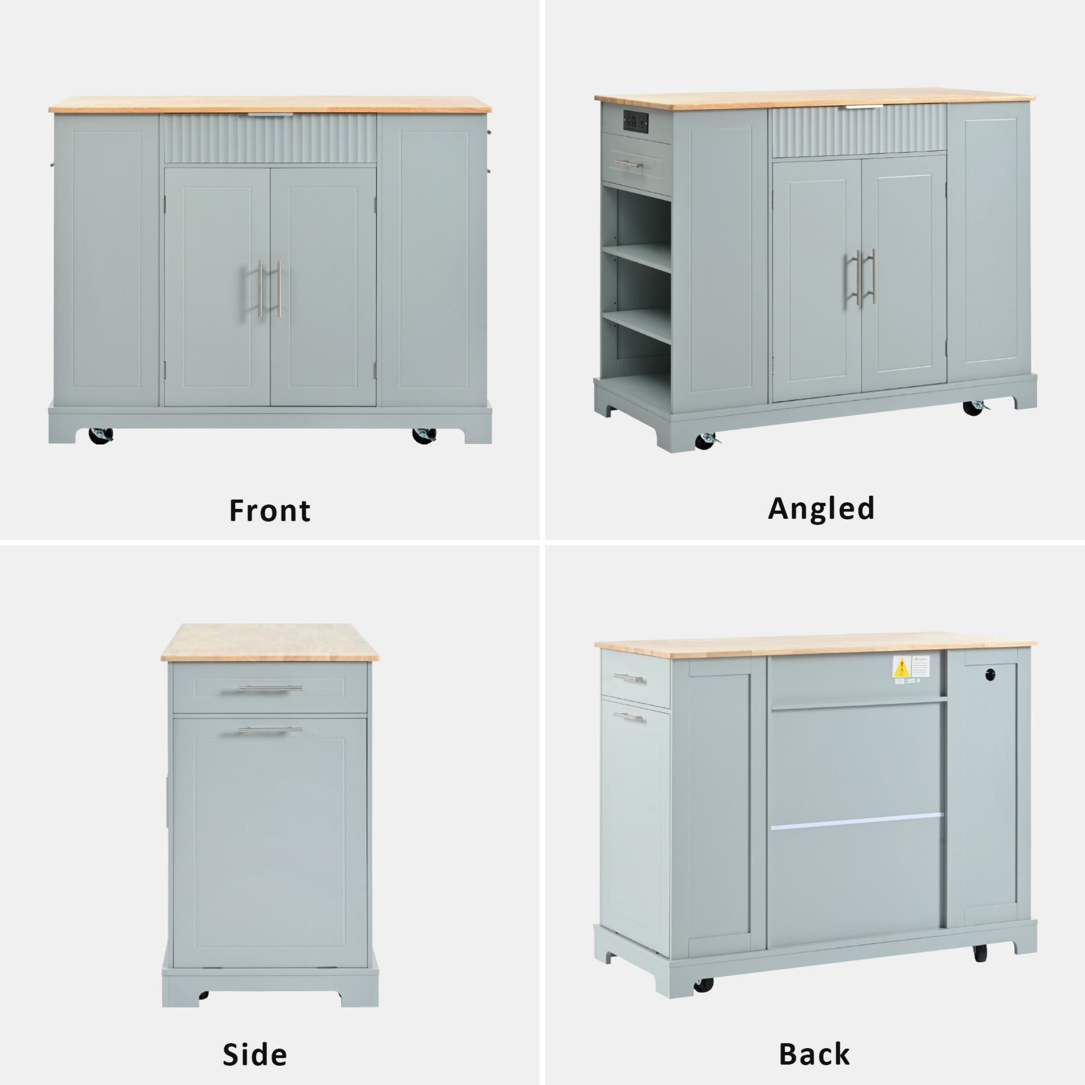 DEALTOPS 47.2'' Kitchen Island With Trash Can and Power Outlet, Rolling Kitchen Storage Cart with Open Shelves, Gray Blue