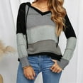 thumbnail image 3 of Women‘s Color Block Knit Hoodies Sweaters Loose Long Sleeve V Neck Drawstring Pullover Sweatshirts (Grey-2XL), 3 of 5