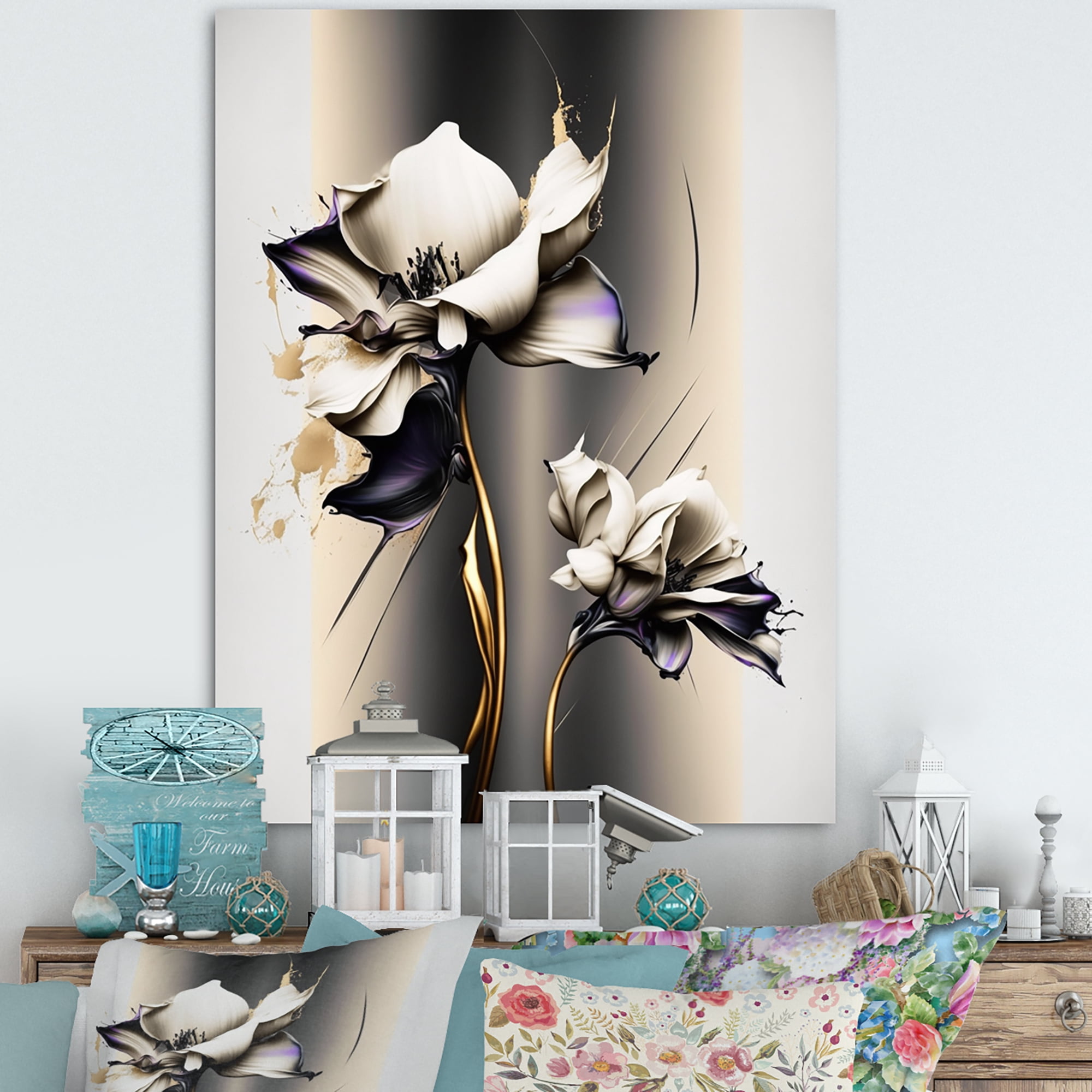 Designart White Orchid Flower On Golden Beige Paint III Canvas Wall Art