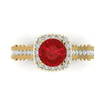 2.7ct Round Cut Red Ruby 18k Yellow Gold Engraving Statement Bridal Wedding Halo Designer Ring Size 9.5