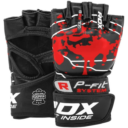RDX MMA Gloves for Martial Arts, Approved by SMMAF, Open Palm Cowhide Leather Mitts, Adjustable Wrist Straps , Small