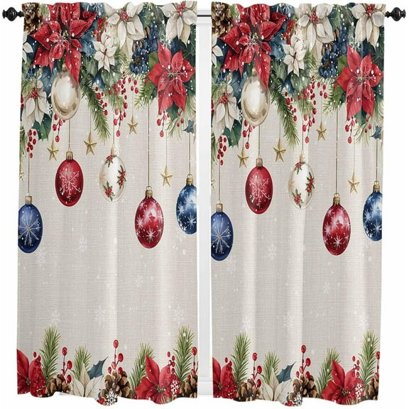 Blue Red Christmas Balls Kitchen Curtains 63 Inch Length, Farmhouse Curtains & Drapes, Xmas Botanical Poinsettia Rustic Rod Pocket Window Curtains for Bedroom, 42" x 63", 2 Panels