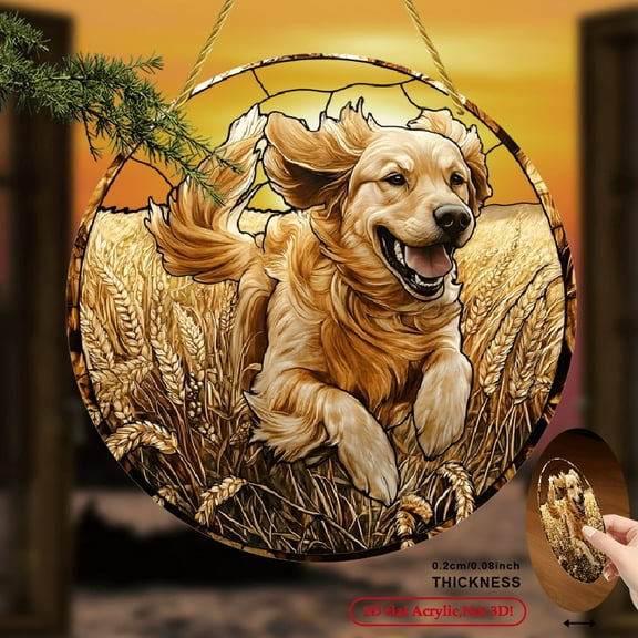 2D Flat 1pc Golden Retriever Sun Catcher, Round Acrylic Sign, Stained Glass Style Window Hanging Decoration, Warm and Joyful, Suitable for Home Decoration, Pet Lovers Gift, 8*8inch