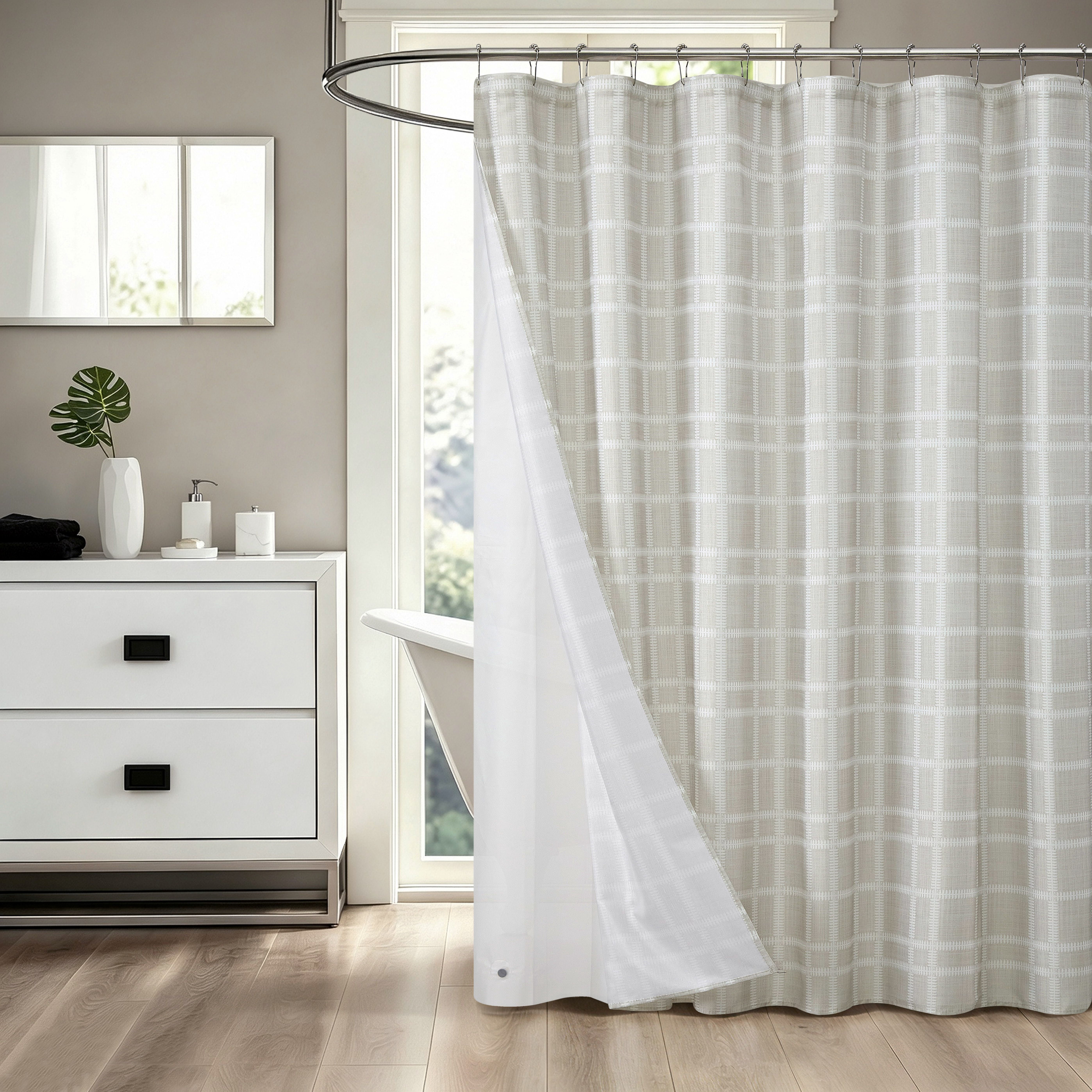 Mainstays Leaf Plaid 14-Piece Faux Linen Shower Set, Cream, 72 in x 72 in