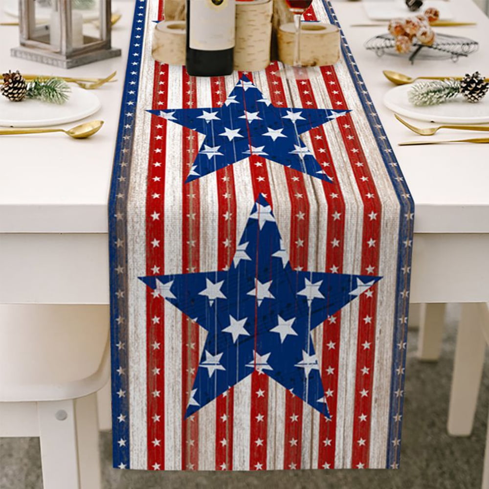 Amsper Patriotic Table Runners 4th of July Party Holiday Event Decoration Burlap Table Runners Perfect for Everyday Use 13x120“