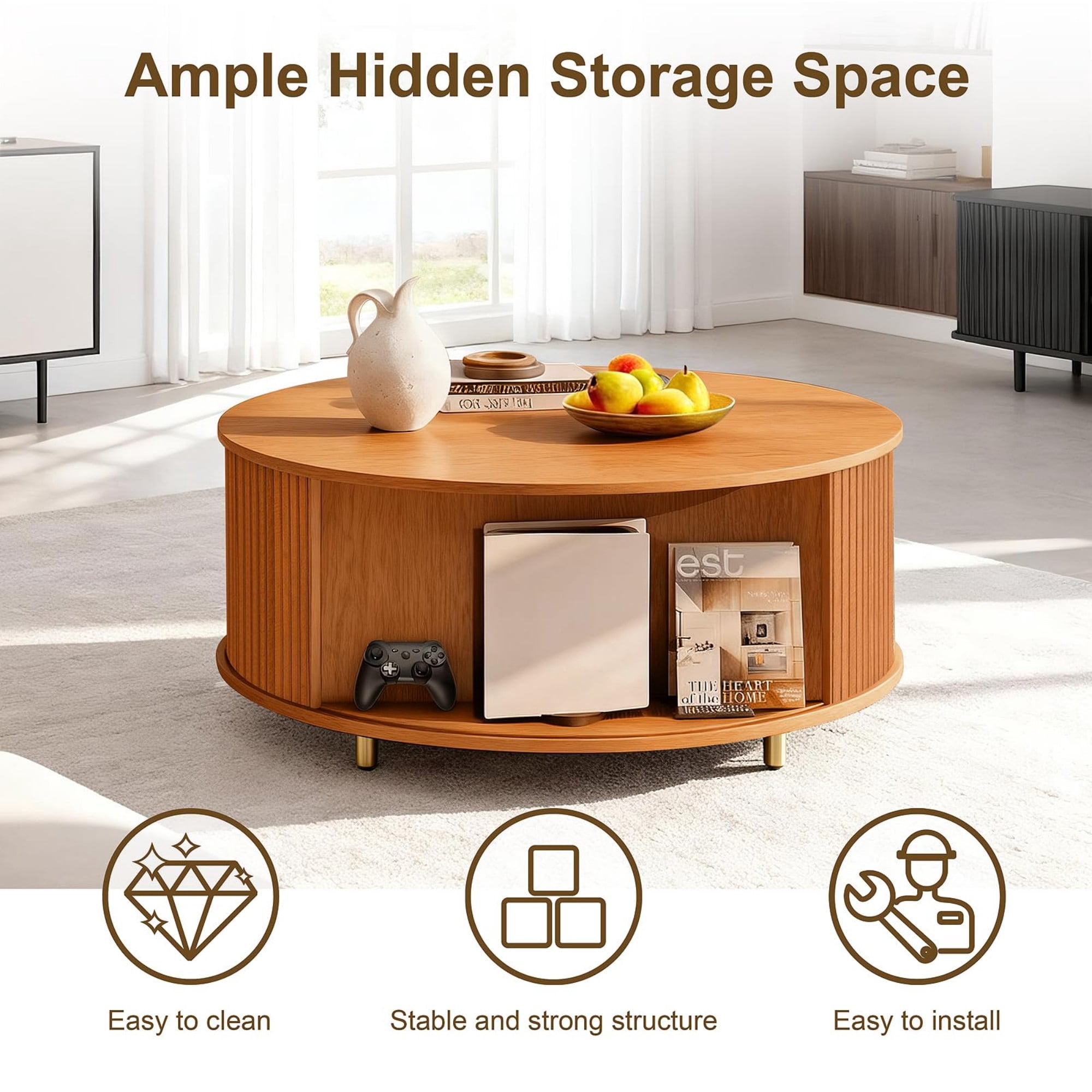 31.5" Round Coffee Table, Mid Century Modern Fluted Coffee Table with 360° Sliding Tambour Door & Storage, Yellow